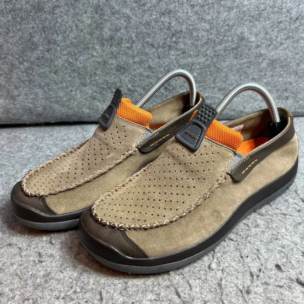 Crocs Thompson Low Mens Brown Suede Perforated Slip On Comfort Loafers Size 8